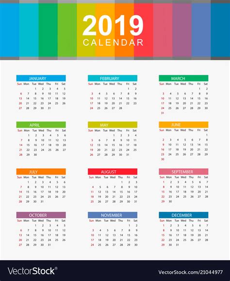 Simple Calendar Layout For Year 2019 Week Starts Vector Image