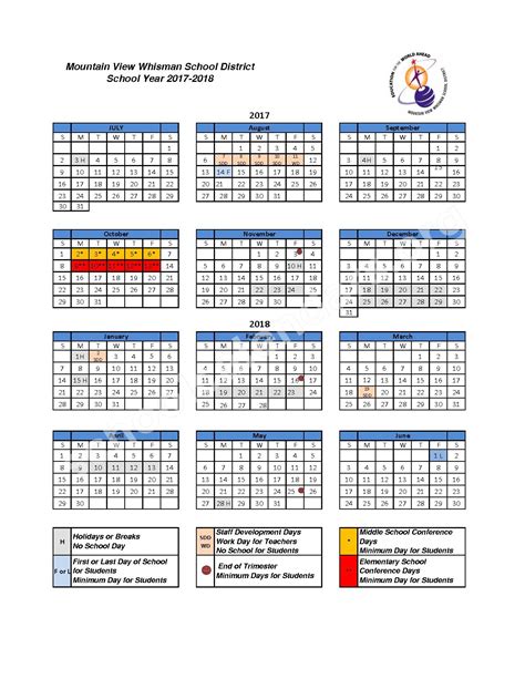 2017 2018 District Calendar Mountain View Whisman School District
