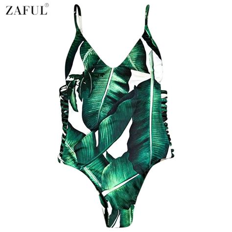 Zaful 2017 Sexy One Piece Swimsuit Women Swimwear Leaf Print Hollow Out Bathing Suit Bandage