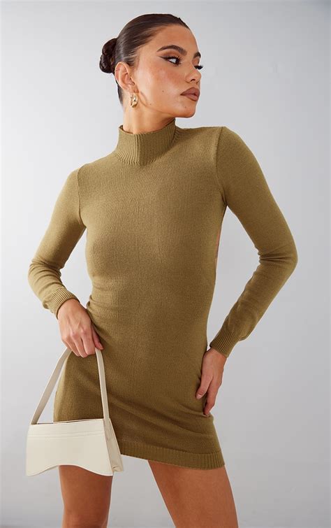 Khaki Extreme Open Back Soft Knit Mini Dress Prettylittlething Qa