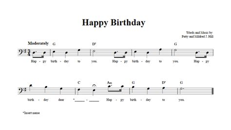 Download and print in pdf or midi free sheet music for happy birthday to you by misc traditional arranged by john german for piano (solo). Happy Birthday: Chords, Lyrics, and Bass Clef Sheet Music