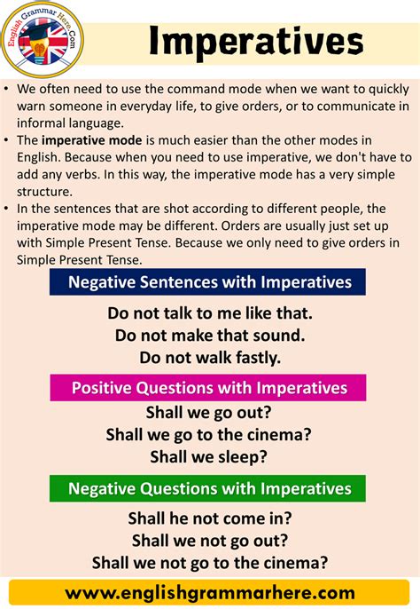 An imperative sentence is a type of sentence that gives instructions or advice, and expresses a command, an order, a direction, or a request. Imperatives, Definition and Examples - English Grammar Here