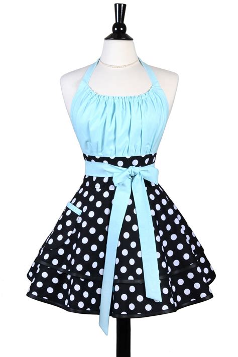 flirty chic retro apron in womens sexy aqua blue black polka dot pinup rockabilly apron with