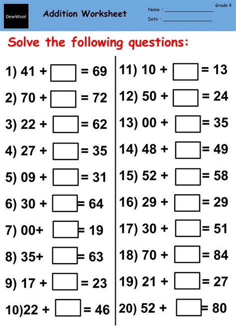 Grade 4 Addition Math Worksheets Dewwool