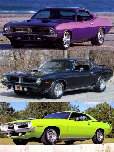 Three Different Colored Muscle Cars Parked Next To Each Other In Front