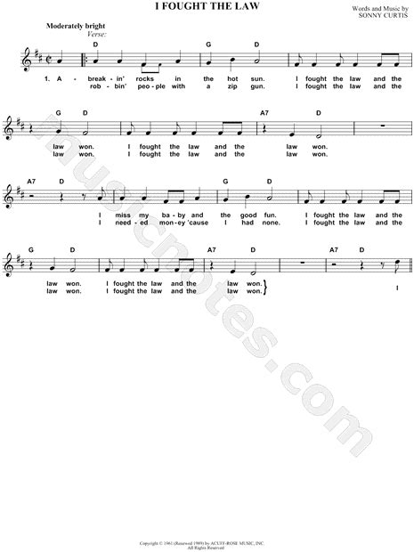 Bobby Fuller Four I Fought The Law Sheet Music Leadsheet In D Major Download And Print Sku