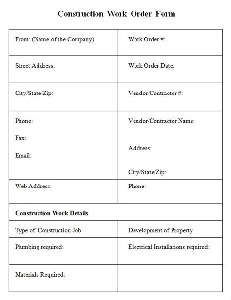 Free 9 Sample Construction Work Order Forms In Pdf