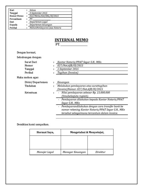 As with all persuasive writing, having a clear goal in mind allows you to craft the rest of the memo in a way that supports that goal. Contoh Memo Internal Perusahaan New