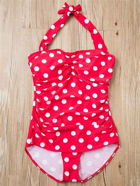 Fashionable Polka Dot Printed Halter One Piece Swimwear For Women Red 3xl One Piece Swimwear