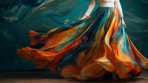 Cinematic Elegance Lady In Colorful Skirt With Fluid Brushwork Style
