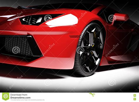 Red Fast Sports Car In Spotlight Black Background Shiny