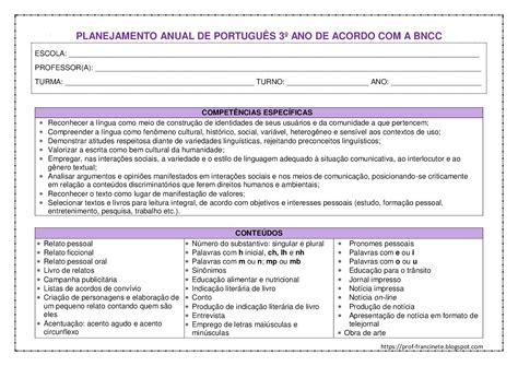 Planejamento Anual De PortuguÊs 3º Ano De Acordo Com A Bncc 001 Português