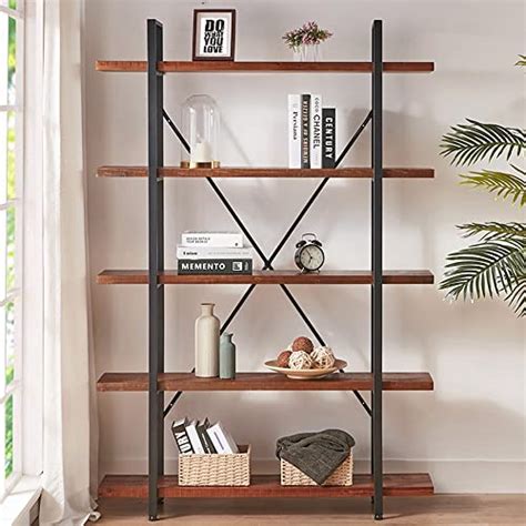 Hsh Natural Real Wood Bookcase 5 Tier Industrial Rustic Vintage