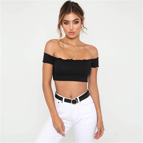 Liva Girl Slim Off The Shoulder Summer Tops For Women Sexy T Shirt Soild Cropped Top Pleated