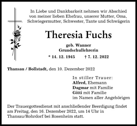 Traueranzeigen Von Theresia Fuchs Augsburger Allgemeine Zeitung