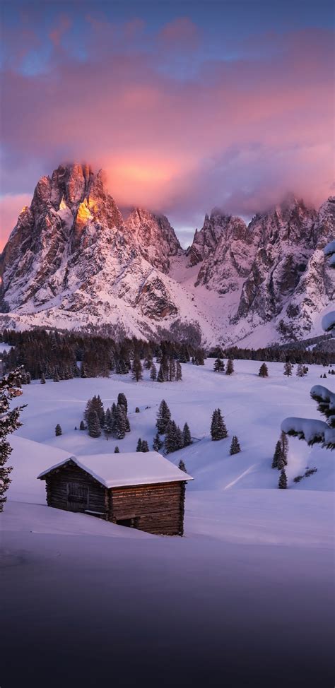 Download 1440x2960 Wallpaper Winter Cabin Landscape Nature Dawn