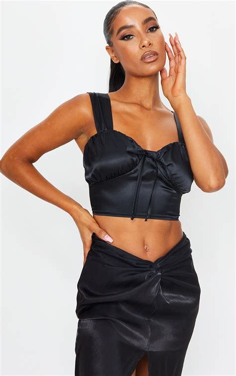 black satin tie front crop top tops prettylittlething usa