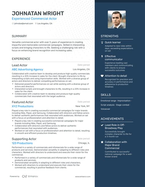 5 Commercial Actor Resume Examples & Guide for 2024