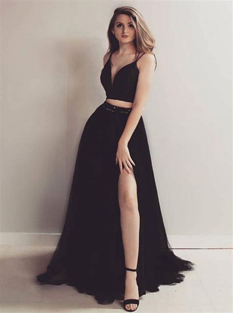 Black Two Piece Prom Dressestulle Prom Dress With Slit12080