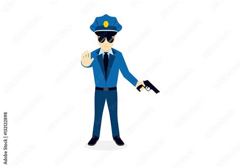 Cartoon Character Cop With A Gun Vector Illustration Of A Policeman