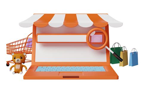 Orange Computer Monitor With Store Front Cart Paper Bags Magnifying