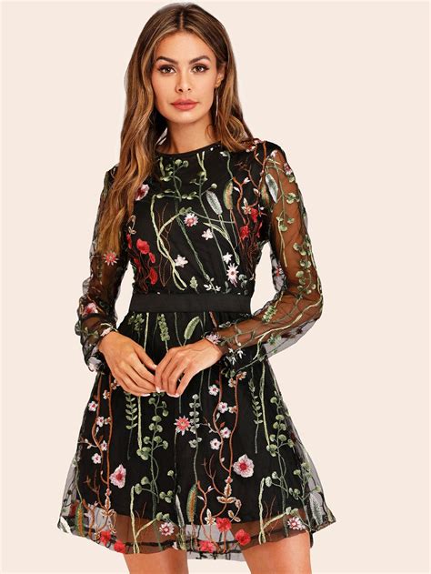 Embroidered Mesh Overlay Dress In 2019 Long Sleeve Mesh Dress Sheer