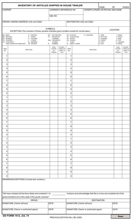 Dd Form 1412 Inventory Of Articles Shipped In House Trailer Dd Forms