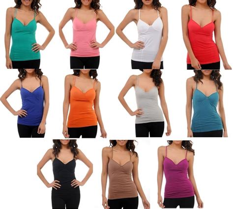 Women Solid Adjustable Spaghetti Straps Built In Padded Bra Tank Top