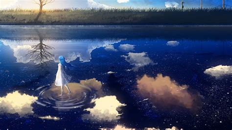 Hd Wallpaper Anime Girl Walking On Water Reflection River Lake