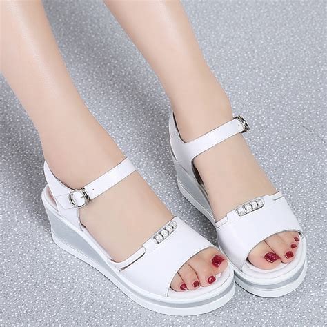 shuimi 2018 women platform sandals shoes white flat wedge sandals summer ladies high heels open
