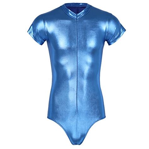 Spandex Costume Chictry Mens One Piece Wet Look Shiny Metallic Leather Short Sleeve Leotard