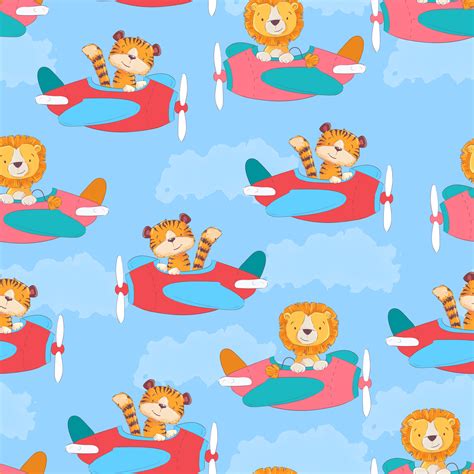 Seamless pattern cute tiger and leon on the plane in cartoon style. Hand drawing. 562835 ...