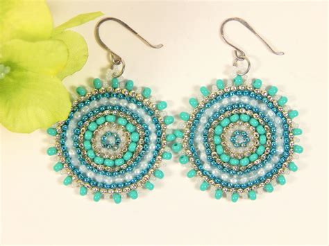 Turquoise And Silver Seed Bead Hoop Earrings E78 By