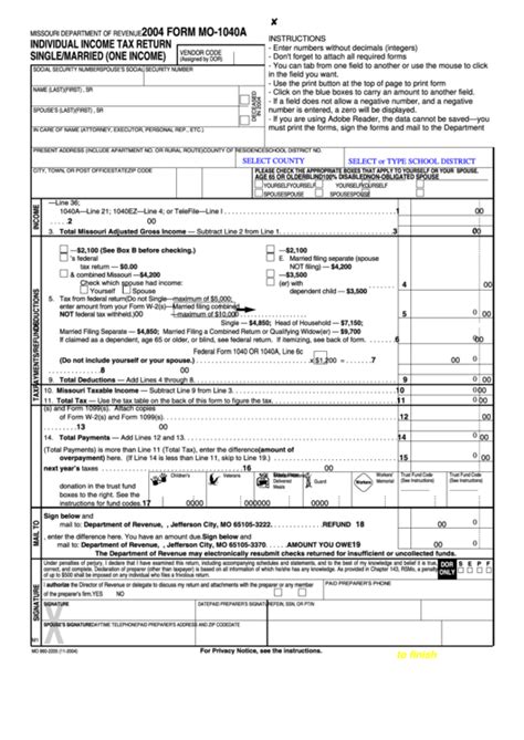 Fillable Form Mo 1040a Individual Income Tax Return Singlemarried