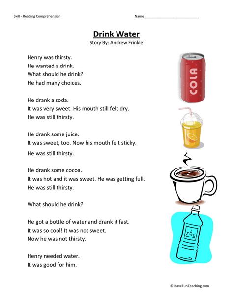 Reading Comprehension Worksheet Drink Water
