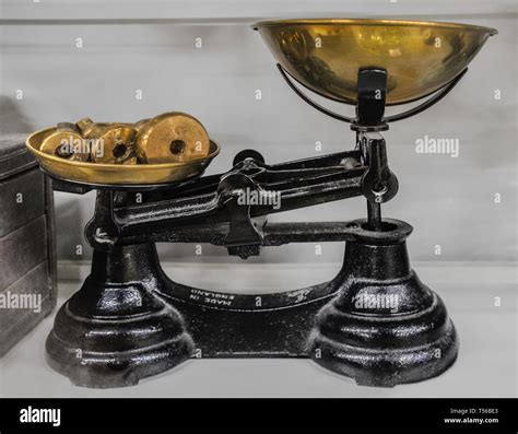 Antique Balance Scale With Brass Masses Stock Photo Alamy