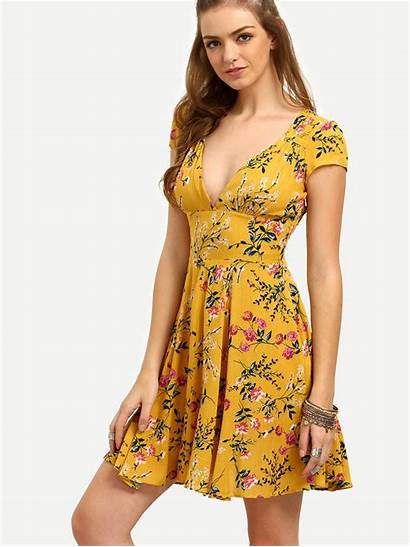 Shein Yellow Floral Neck Dresses Summer Short