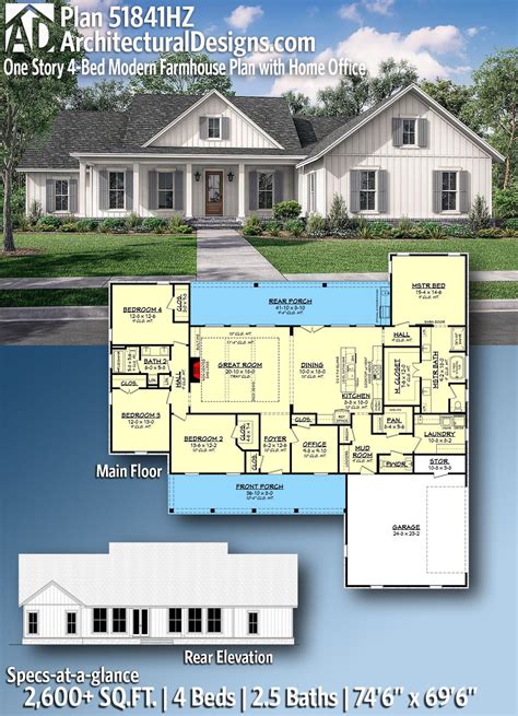 Plan 51841hz One Story 4 Bed Modern Farmhouse Plan With Home Office In