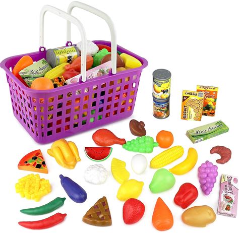 Click N Play Kids 33 Pc Pretend Play Grocery Shopping Basket Toy Food