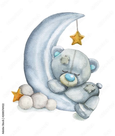 Watercolor Sleeping Gray Bear On The Moon Illustration Of A Sleeping