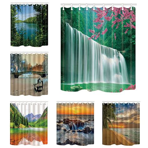 Scenic Waterfall Bridge Bathroom Curtains Creative Polyester Shower