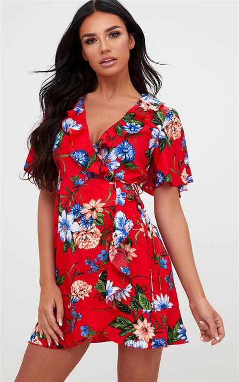 Red Floral Wrap Dress Prettylittlething Usa