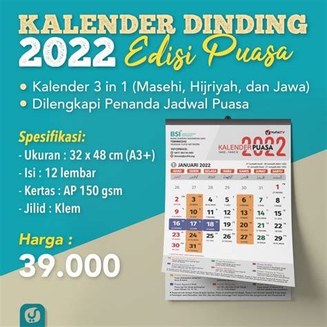 Kalender Dinding Masehi Hijriyah Jawa Edisi Puasa Yufid 2022 Toko