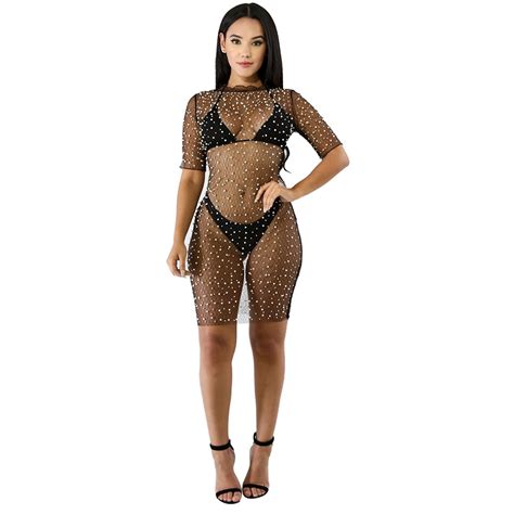 Adogirl Sexy Mesh Beading Dress For Women Summer See Through Short