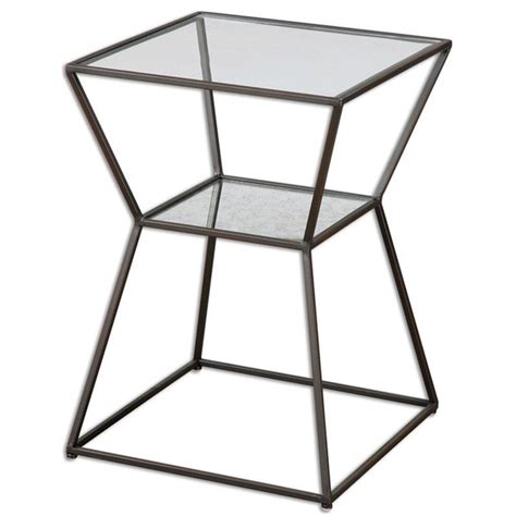 Iron And Glass Side Table With Shelf — Black Iron Accent Table Glass
