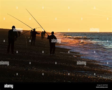 Fishing At Sunset On Weybourne Beach In Norfolk Stock Photo Alamy