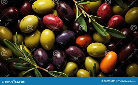 Various Types Of Olives Background View From Above Mediterranean