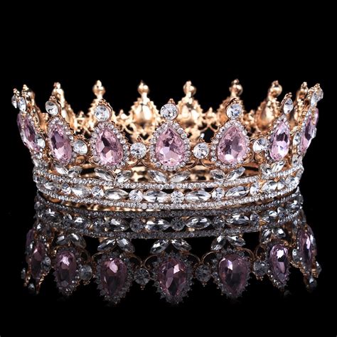 Hot Sale New Fashion Elegant Pink Crystal Bridal Crown Classic Gold Tiaras For Women Wedding