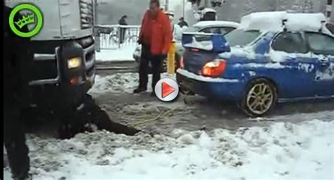 Video Subaru Impreza Wrx Sti Pulls Truck Out Of Snow Covered Road