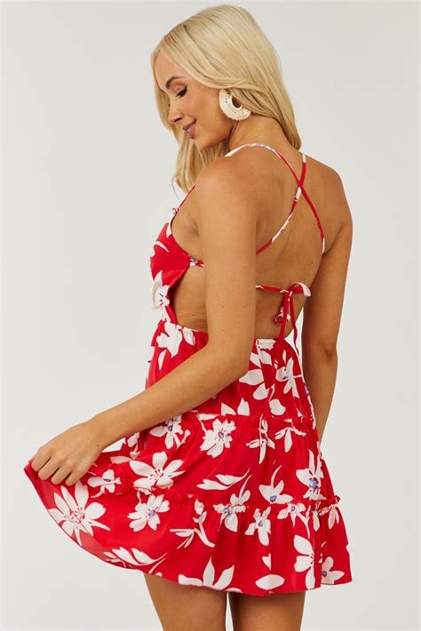Crimson Floral Strappy Open Back Tiered Mini Dress And Lime Lush